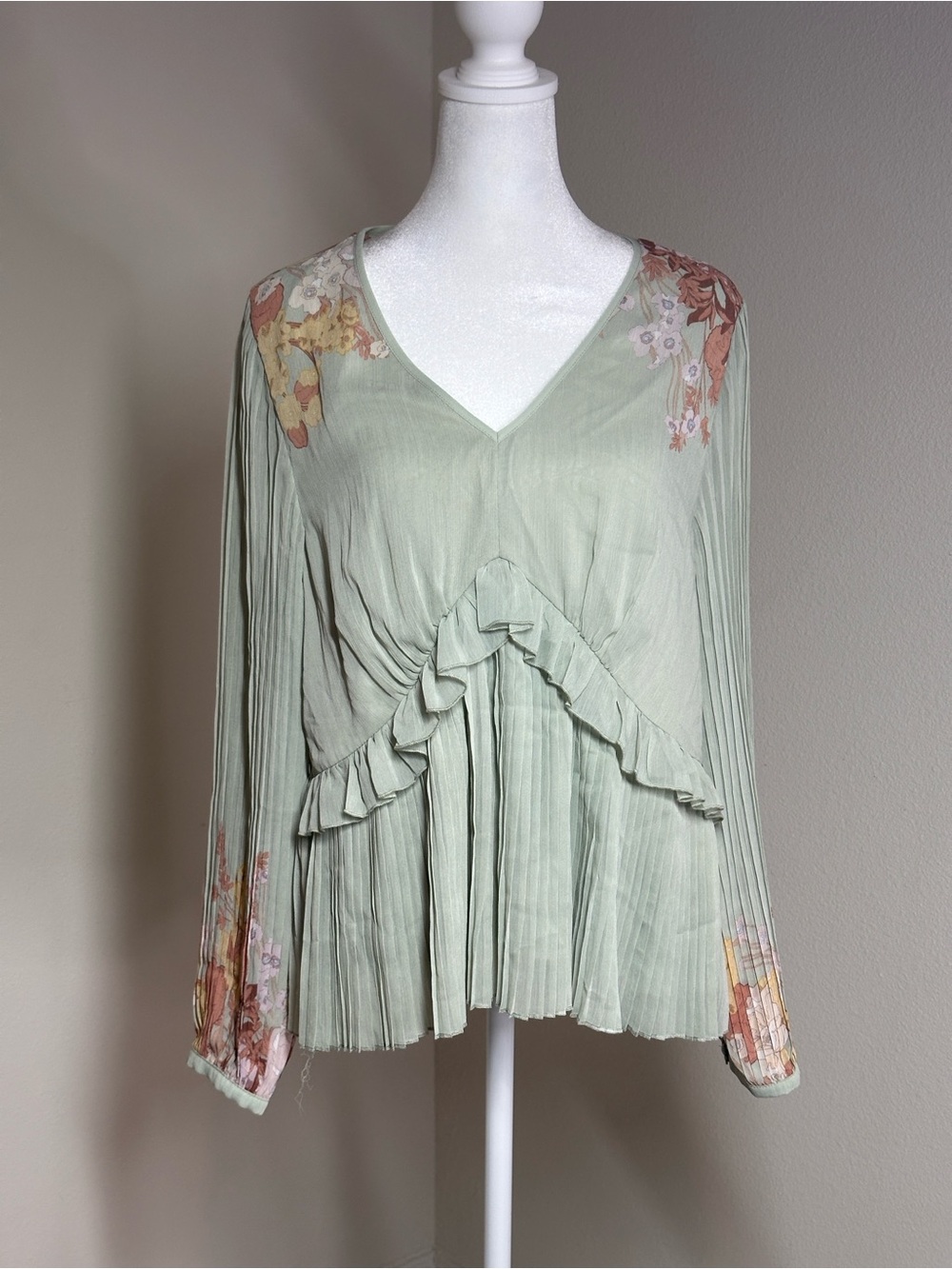 DR2 Sage Green Pleated V-Neck Blouse with Floral Shoulders